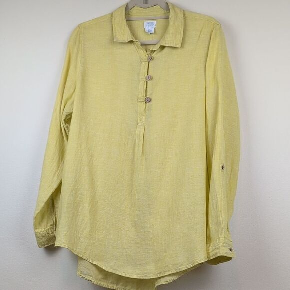 Signed Olsen Yellow Green Linen Roll Tab Sleeves Linen Shirt Size M - Picture 1 of 8
